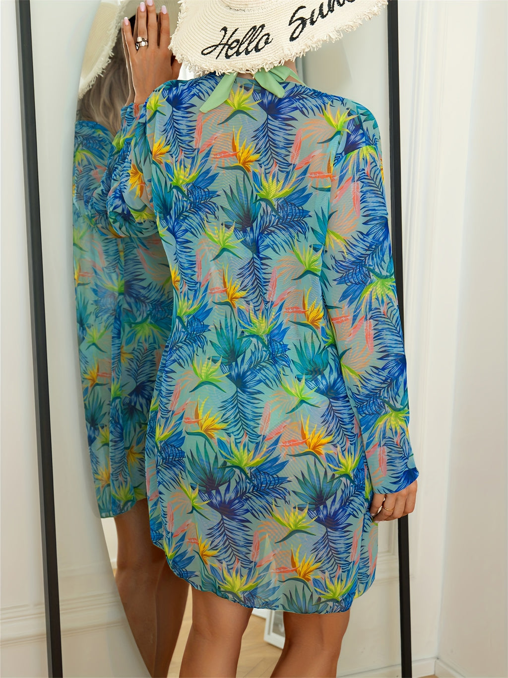 3pc Tropical Print Bikini with Mesh Cover-Up Swimset