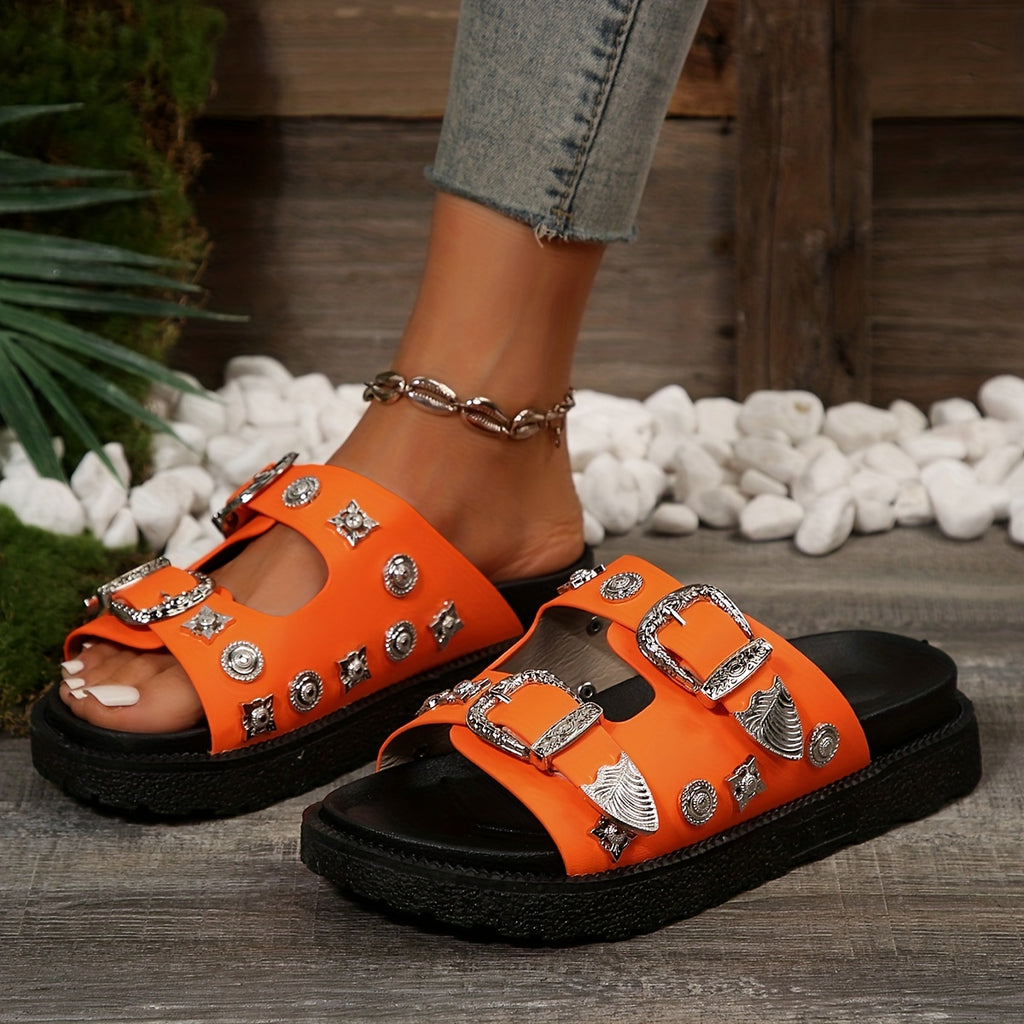 Double Buckle Platform Slippers