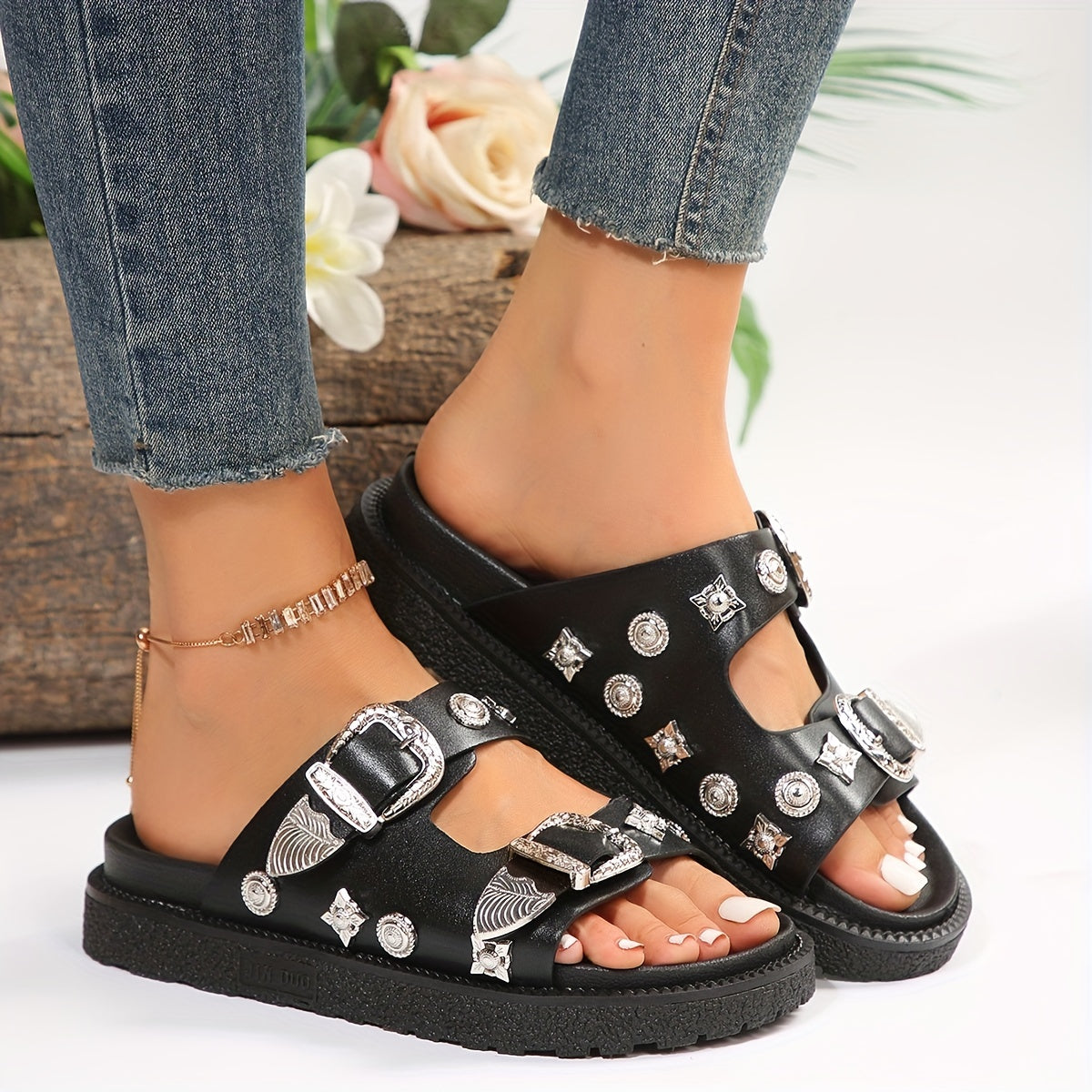 Double Buckle Platform Slippers