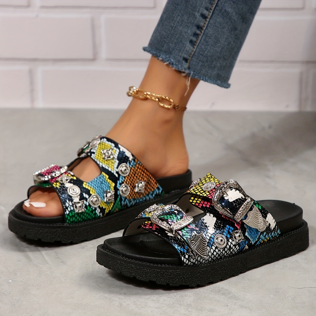 Double Buckle Platform Slippers